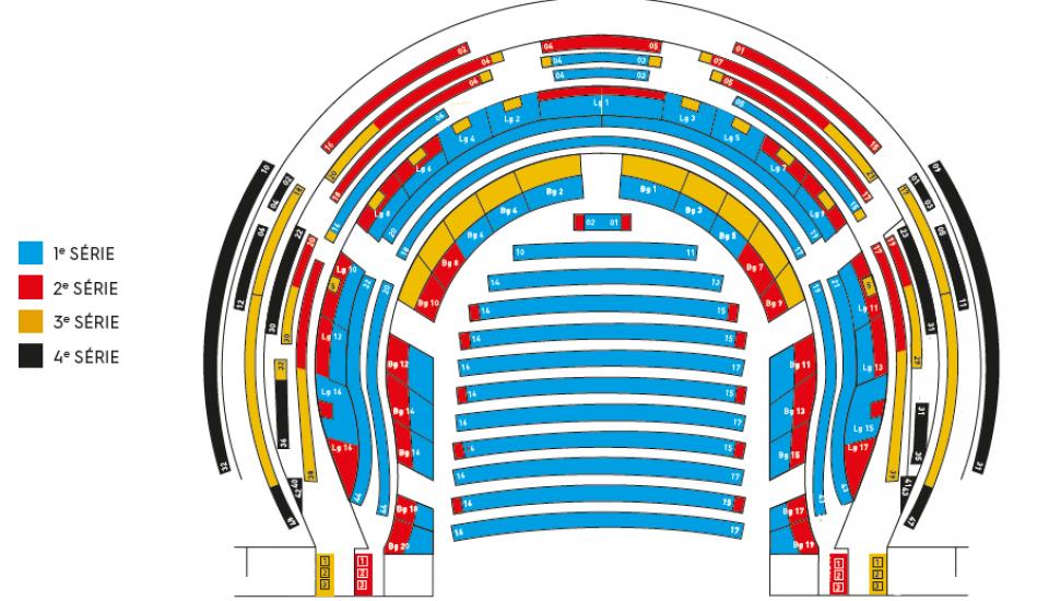 Plan de salle de l'Opéra. 1ère série : bleu. 2ème série : rouge. Troisième série : jaune. Quatrième série : noire.