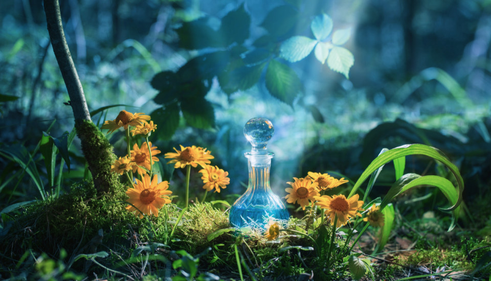 une fiole de potion bleue sur un lit de fleurs jaunes
