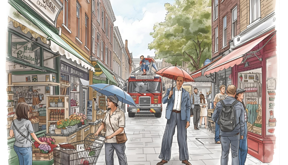 un dessin qui se passe dans dans la rue on voit des gens étonnants, des voisins, des commerçants, des passants, une dame qui pousse un vieux caddie, un monsieur avec son parapluie, une personne en échasses, un camion de pompier, une fleuriste qui discute avec le boucher-charcutier