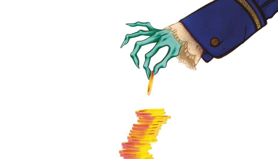 illustration représentant une main plaçant une pièce sur une pile de pièces déjà instable