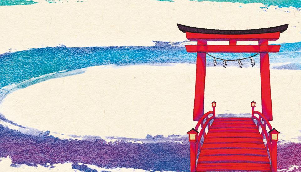 Un pont japonais rouge passant au dessus d'une rivière en aquarelle