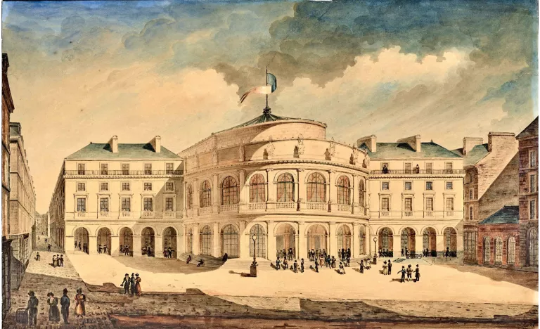 « Le théâtre de Rennes », aquarelle de Charles Millardet, vers 1836. Musée de Bretagne, inv. 900.0010.1. Aquarelle de l'Opéra de Rennes, vers 1836.
