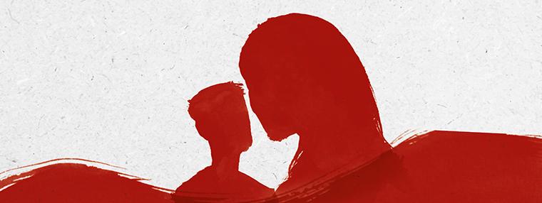 Deux silhouettes rouges de visages, l'une masculine, l'autre féminine, sur une vague rouge.